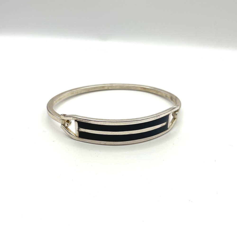 Vintage Taxco Mexican Silver Black Inlay Hinged Bangle Bracelet Eagle Mark 6.5"